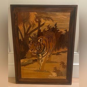 Vintage Marquetry Wood Inlay Tiger Picture